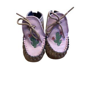 Old West Baby Moccasins With Cactus Embroidery & Soft Soles Pink & Brown Size 4